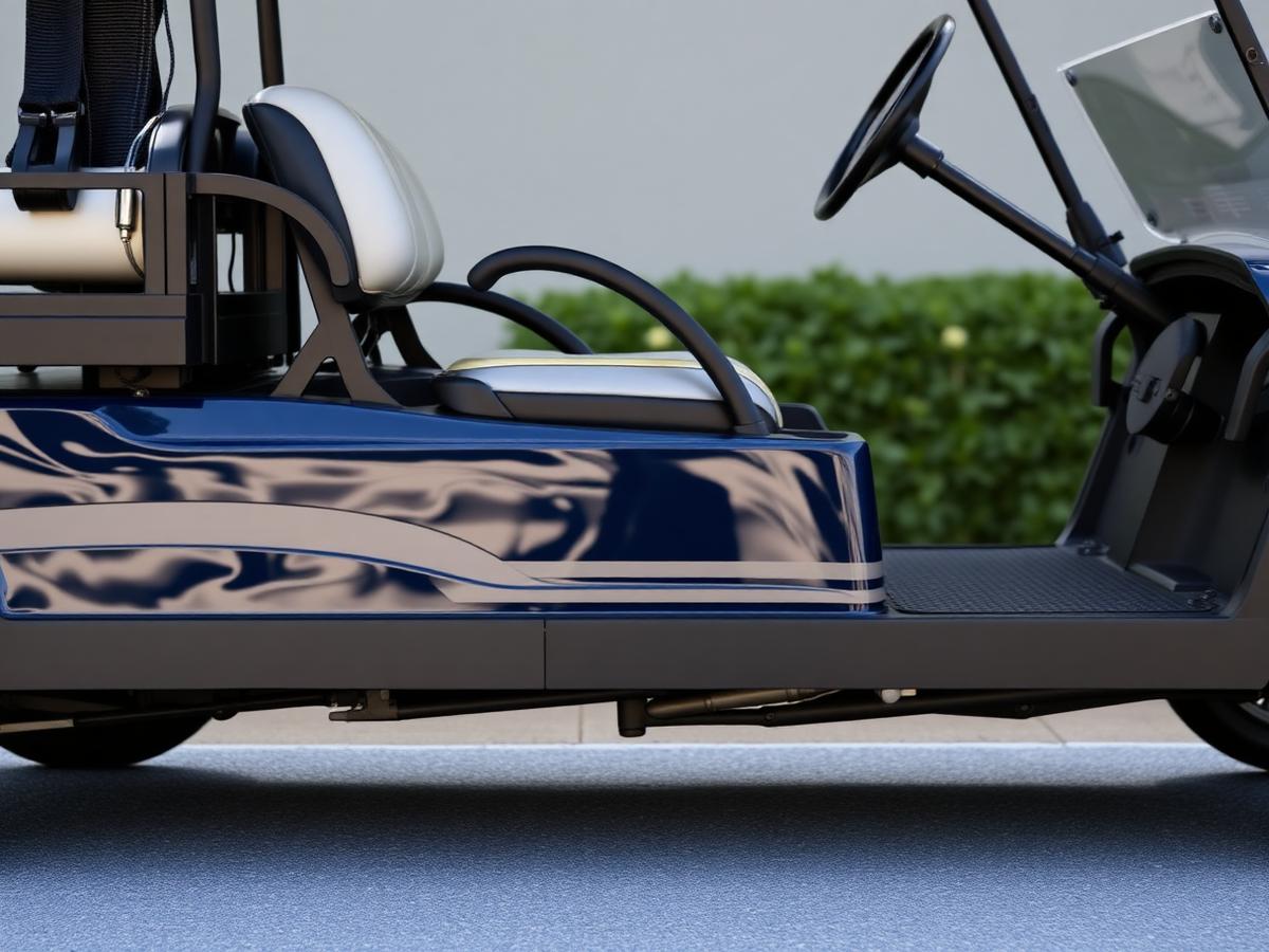 Custom golf cart with aftermarket wheels and a lift kit installed